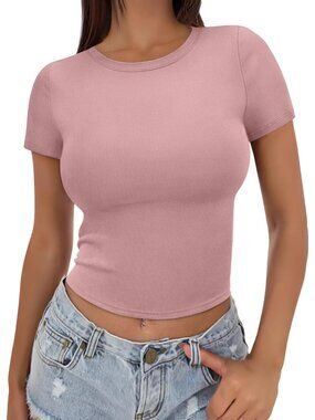 👑 Women's Dusk Pink Short Sleeve Summer Trendy Tight Slim Fit T Shirts Crop Top